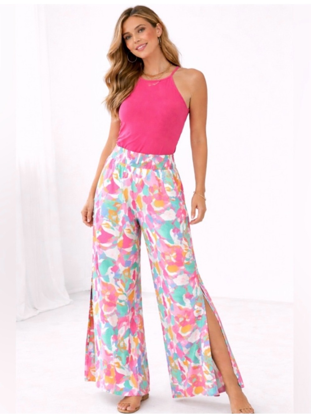 Michelle McDowell Krista Pants - Wide Leg Printed Split-Hem in Pink. NWT  MED